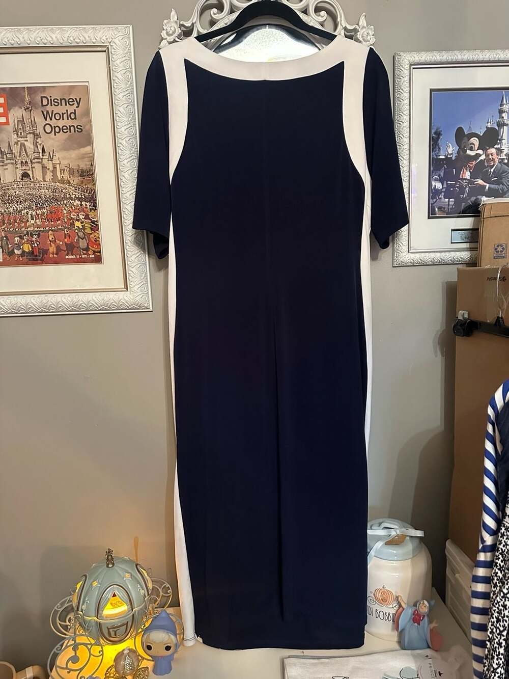 Glamour Navy and White Colorblock Midi Dress with Side Ruched Detail - Picture 7 of 8